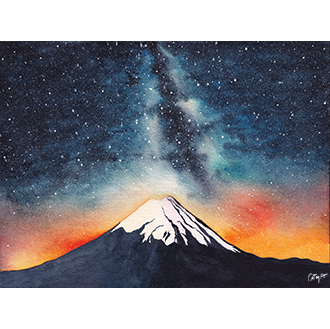Aquarelle paysage, Mont Fuji, nuit, n&eacute;buleuse, voix lactee, Montagne, Japon, coucher de soleil, jaune, orange, rouge, bleu, noir, ciel etoile